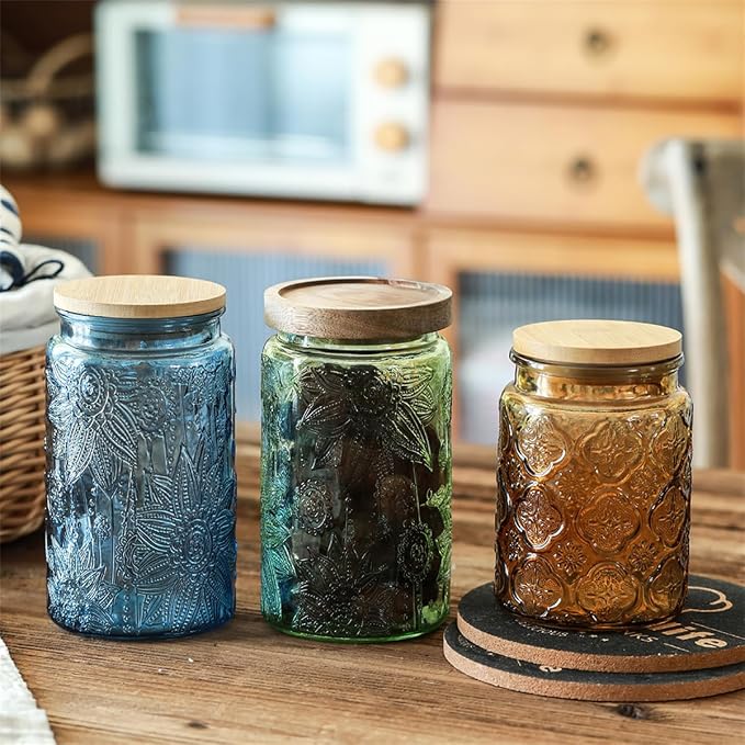 ANSQU Vintage Glass Jar with Solid Wood Lid, 34 FL OZ Blue Sunflower Decorative Jar, Glass Food Storage Container for Coffee, Tea Bags, Nuts, Sugar, Jam, Pet Food (Blue, 1 Pack)