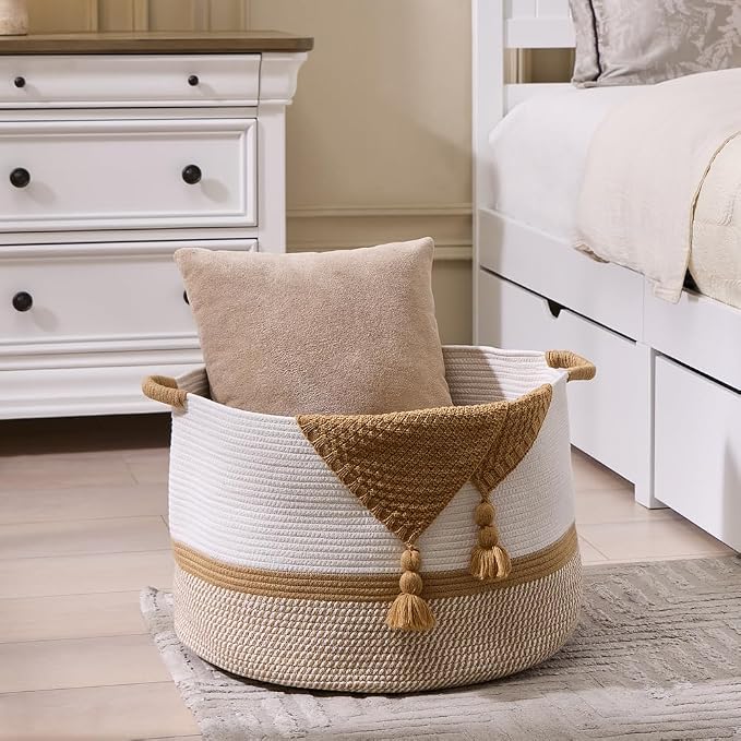 Luxury Little Extra Large Nursery Storage Basket, 20 x 20 x 13.8 inches - 100% Cotton Rope Baskets with Handles, Blanket Basket for Toys, Blankets & Pillows (Gradient Brown)