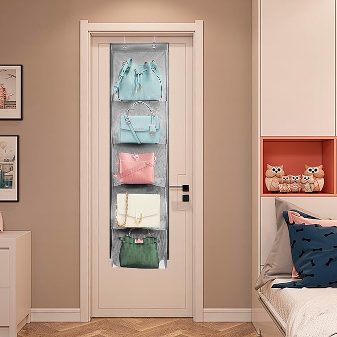 2 Pack Over the Door Hanging Vinyl Organizer Embroidery Stabilizer Holder Purse Storage for Closet Bath Towel Hanger Scarf Container 5 Large Pockets (One Side)