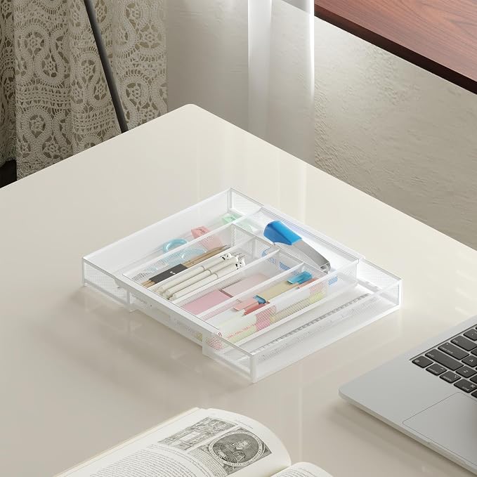 Sedegn Expandable Kitchen Utensil Organizer - 9.6" to 16.1" Adjustable Cutlery Tray with 5-7 Compartments - Fits Various Drawer Sizes & Holds Large Ladles Spatulas Forks Spoons & Knives White