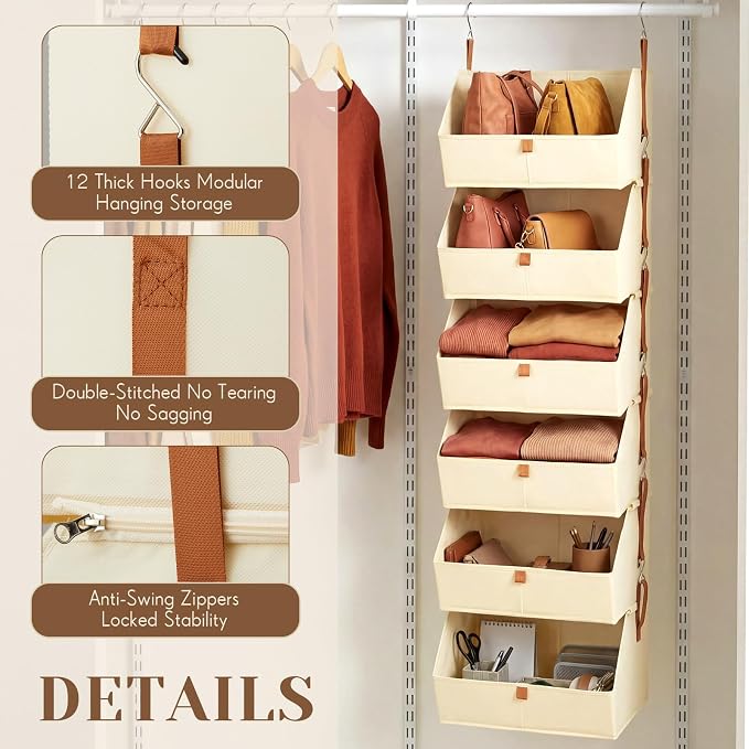 Hanging Closet Organizer 6 Tier Clothes Hanging Shelves with Hooks Zipper, Fabric Storage Bins Space Saving Closet System Collapsible Basket for Sweater Handbags, Laundry Bedroom Rv Dorm Home
