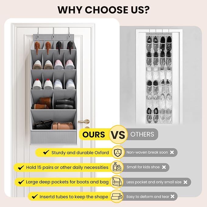 Mefirt Over the Door Shoe Rack for Closet Fit 18+ Pairs, Door Shoe Organizer with Large Breathable Pockets, Hanging Shoes Rack Fit Boots, Behind the Door Shoe Holder for Categorized Storage, Grey 