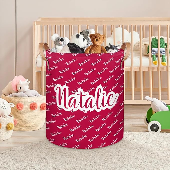 Personalized Laundry Basket, Custom Gift Laundry Hamper, Collapsible Nursery Waterproof Laundry Baskets, Dirty Clothes Toy Hamper with Handles Name Red