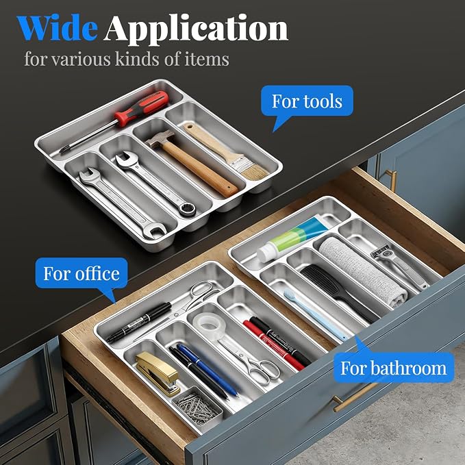 IKOCO 2-Pack Silverware Organizer, Stainless Steel, Dishwasher Safe | Each: 13.8" x 11.4" x 1.6", Rust-Resistant & Non-Absorbent, 5-compartment, Holds Spoons/Forks/Knives, Fits Standard Drawers