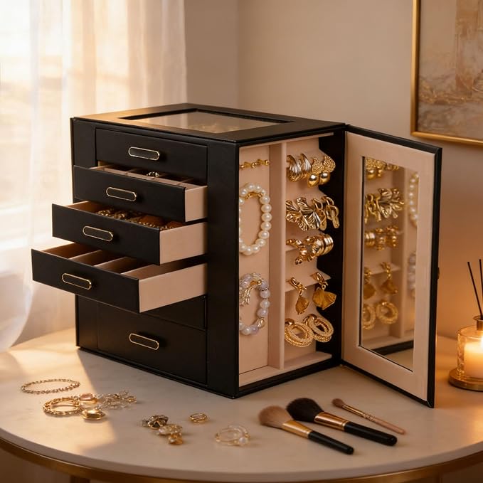 BOOVO Clear Lid Jewelry Box,6 Layers Jewelry Organizer Large Jewelry Storage Box with 6 Drawers,Jewelry Holder Organzier of Rings Earrings Necklace Bracelets for Women (Black, 6 Layer)