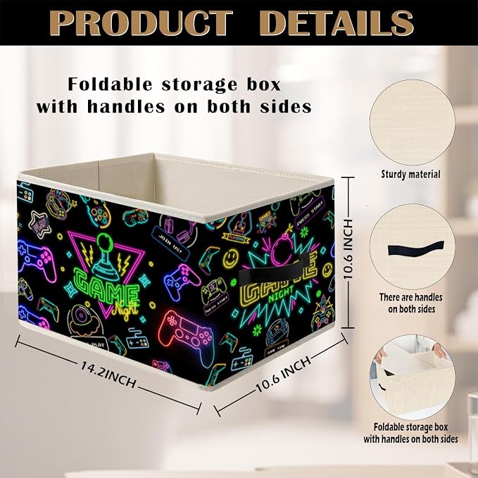Neon Gamer Storage Bin Box with Handles, Gaming Room Foldable Organizer Basket Toybox for Teen Boys Room Bedroom Playroom Bathroom Clothes Toys Books