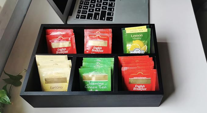 Tea Bag Organizer Black Wood Tea Bag Holder 4 Compartments Coffee Drawer | Large Capacity Sugar Packet Holder Coffee Station Organizer Tea Bags Caddy Drawer Storage Container for Countertop