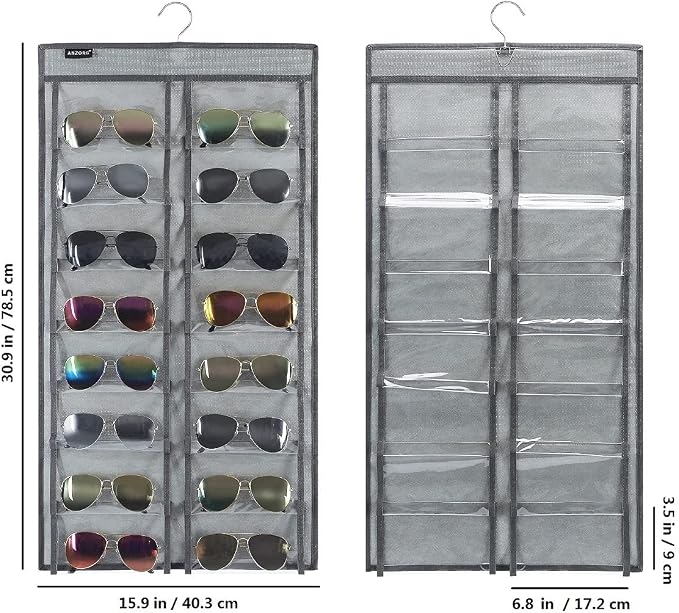 Dual Sided Hanging Sunglasses Organizer Wall Eyeglass Holder Sunglass Rack for Home with 32 Dust Proof Pockets (32 Pockets-Grey)