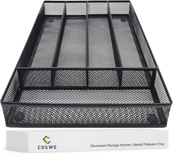 COSWE Silverware Tray for Drawer, Silverware Organizer, Metal Drawer Organizer Kitchen Utensils with Foam Feet Multi Compartments Cutlery Organizer in Drawer (BLACK)