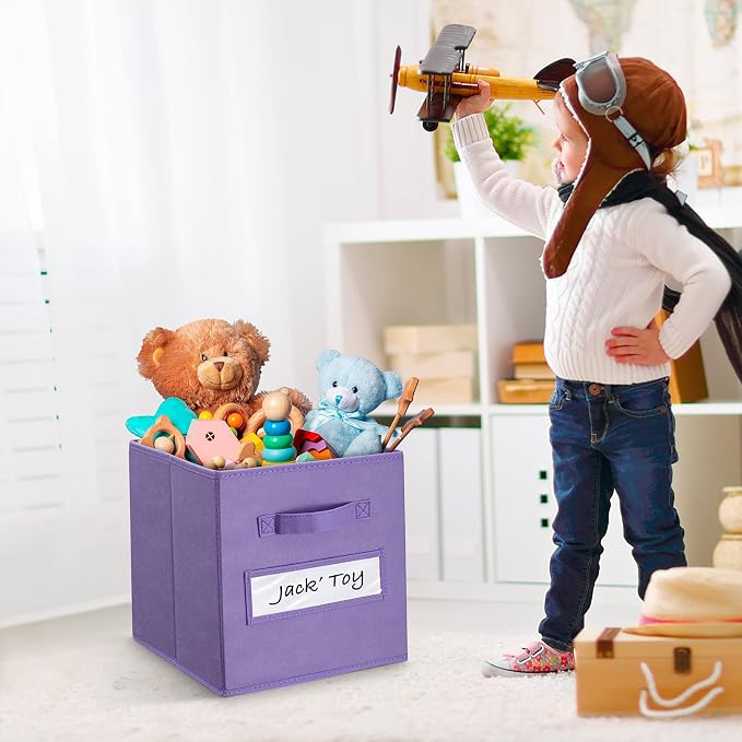 11 Inch Storage Cube,Storage bin,cube storage (Set of 10) Foldable Fabric Cube Storage Bins with 10 Labels Window Cards & a Pen,Baskets Containers for Shelves,Closet Organizers Box,Purple