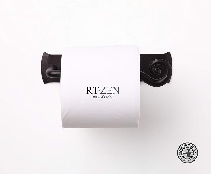 RTZEN Bathroom Toilet Paper Holder - Handcrafted Rustic Wrought Iron Wall Decor Toilet Roll Holder - Black Matte Wall Mount Bar for Modern Farmhouse Bathroom Decor