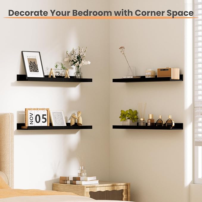 upsimples Floating Shelves for Wall, 23.6 Inch Shelves for Decor Storage Set of 6, Wall Mounted Wood Shelf for Bedroom, Living Room, Bathroom, Kitchen, Long Picture Ledge Shelves, Black