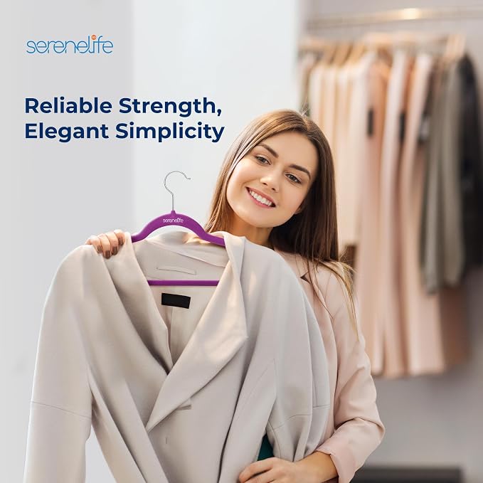 SereneLife Velvet Hangers – 150 Pack, Slim & Space Saving for Closets | Soft velvet grip prevents slipping on silk, satin & knitwear – 360° swivel hook fits all standard closet rods