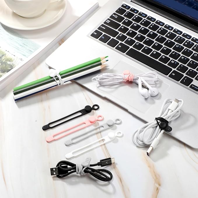 Nuanchu 40 Pcs Silicone Cable Ties Reusable Holder Adjustable Straps Multipurpose Charging Cable Organizer for Fastening Charging Cords Wires(4.17 Inch,Black, White, Gray, Pink)