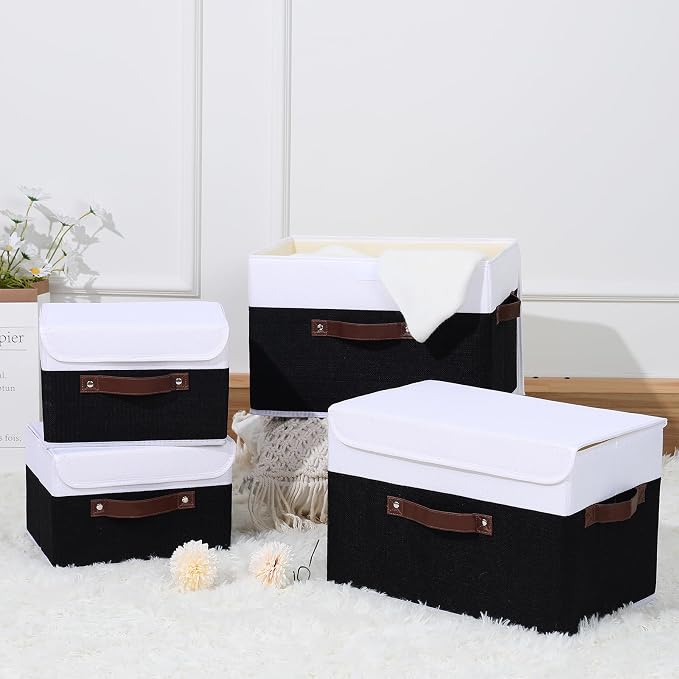 ANMINY Storage Boxes with Lids Washable Decorative Storage Bins Basket with PU Leather Handle Foldable Linen Fabric Storage Cubes Containers for Home Closet Organizer - Black White, Medium