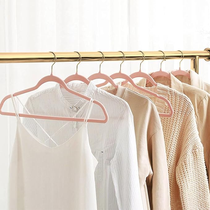 ManGotree Velvet Coat Hangers with 360° Swivel Gold Hook, Non-Slip Felt Suit Hangers, Slim Space Saving Clothes Hanger for Jacket, Sweater, Shirt, Dress, Pants (48 Pack, Light Pink)
