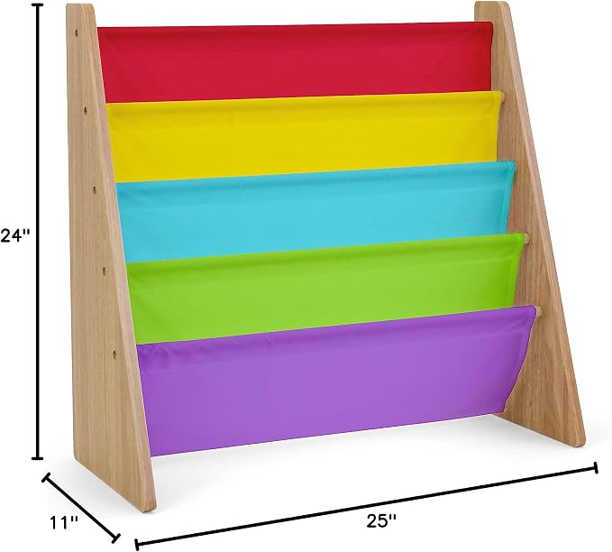 Humble Crew 4-Tier Kids Bookshelf, Natural Wood/Rainbow - Premium Book Shelf for Kids Rooms with Four Deep Pockets - Toddler Sling Book Rack with Deep Sleeves, Nursery Bookcase Organizer