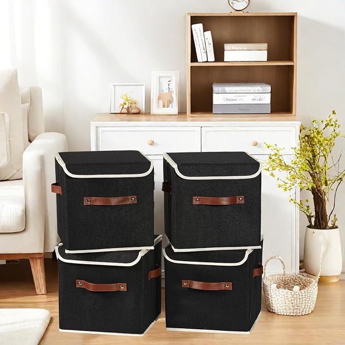 4PCS Storage Cubes with Lid Fabric Storage Bins Boxes PU Leather Handles Cotton Linen Closet Organizer Container Decorative Foldable Washable Shelf Cloth Basket (Flip-top Lid, Black, 11in)