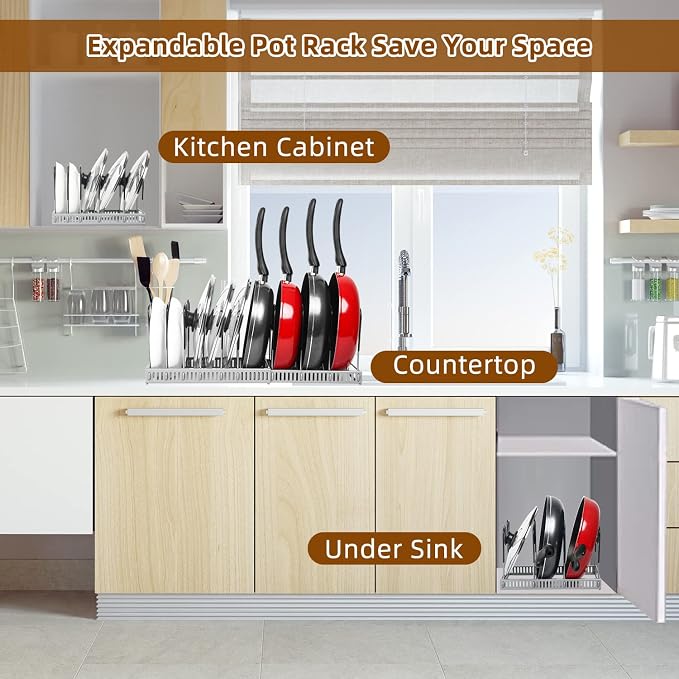 ROOHUA Pot Rack Organizer -Expandable Pot and Pan Organizer for Cabinet,Pot Lid Organizer Holder with 10 Adjustable Compartment for Kitchen Cabinet Cookware Baking Frying Rack Grey