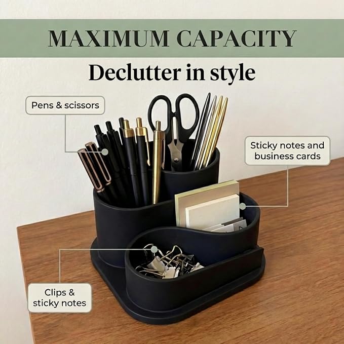 OAKOA Black Desk Organizer with Pen Holder - Aesthetic Desk Accessories for Women Office - Black Pencil Holder for Desk - Desktop Organizer Caddy - Cute Desk Decor