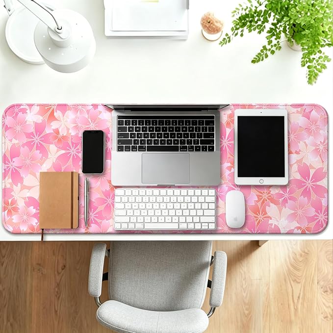 Japanese Cherry Blossom Gaming Desk Mat, Computer Keyboard Large Extended Flowers Mouse Pad for Office and Home, 31.5×11.8 Inches, XL, Pink