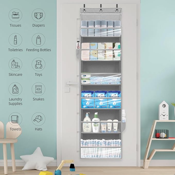 Over Door Organizer with 6 Extra Large Pockets 12 Side Pockets, Sturdy Closet Storage Rack, Hanging Storage Organizer with Clear Window for Shoes, Diaper, Bedroom, Bathroom, Grey, 6-Pack