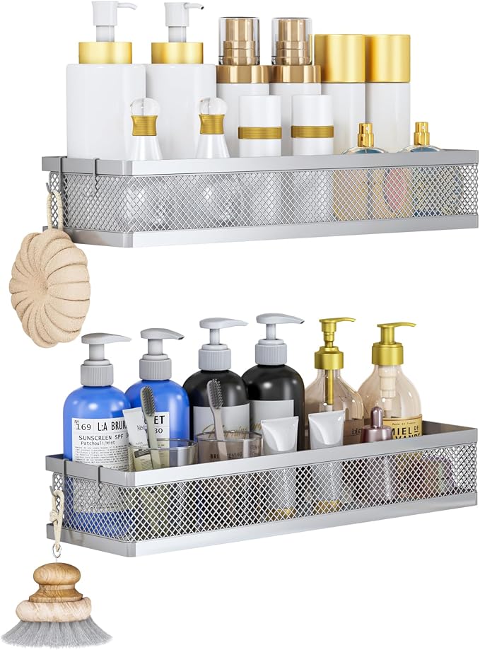 PUSDON 16.5-Inch Extra Long Slim Mesh Shower Caddy, Wall Mounted Bathroom Organizer with Adhesive, Heavy Duty Rustproof Shelf for Narrow Kitchen Pantry & RV, Holds 50 LBS Silver Gray -2 Packs Netting