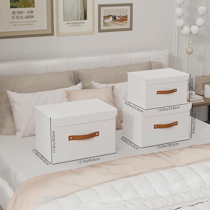 Yawinhe Storage Boxes with Lids 2 Pack, Collapsible Storage Bin with Handle, for Organizing Clothes, 33x23x20cm, White, SNK018WLS-2