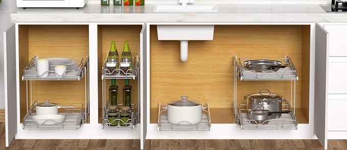 OCG 2 Tier Pull Out Cabinet Organizer (22.5" W x 21.5" D), Pull Out Drawers for Kitchen Cabinets, Pull Out Shelves for Base Cabinet Organization in Kitchen Bathroom Pantry, Chrome Finish