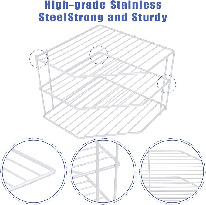 3-Tier Corner Shelf Counter and Cabinet Organizer - Steel Metal Wire - Rust Resistant - Plates, Dishes, Cabinet & Pantry Organizer - Kitchen Organization (10 x 7.5 Inch)(White)