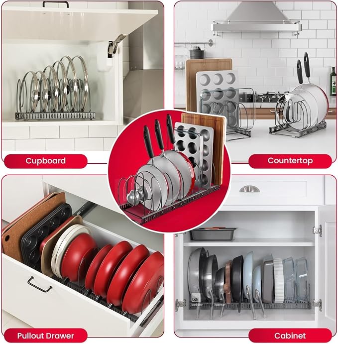 Better Things Home 7.5” Wide 12-Slot Adjustable Large Pan and Pot Lid Organizer with Scratch-Free Pads, Expandable Pot Lid Holder Rack for Cabinet, Pots and Pans Organizer Inside Cabinet