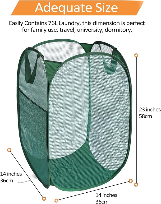 2 Pcs Durable Collapsible Laundry Baskets - Reinforced Mesh Pop Up Laundry Hamper with Pocket, Foldable Dirty Clothes Hamper with Carry Handles for Laundry, Bathroom, Kids Room, Dorm or Travel Green