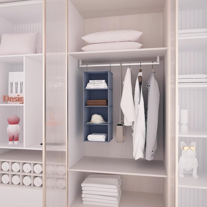 Hanging Closet Organizer 4-Shelf, Oxford Fabric Wardrobe Storage, Gray | Easy-mount foldable design holds clothes, handbags, shoes & accessories; washable Oxford fabric, sturdy and space-saving.