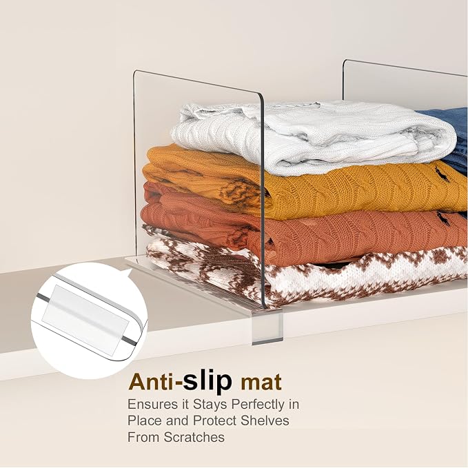Purse Organizer for Closet Shelf Dividers: 11-inch Tall (Higher Version) Adjustable Clear Acrylic Bag Storage Organizer for Handbags, Sweaters, Towels, Jeans and Shoes on Wood Shelves 8-Pack