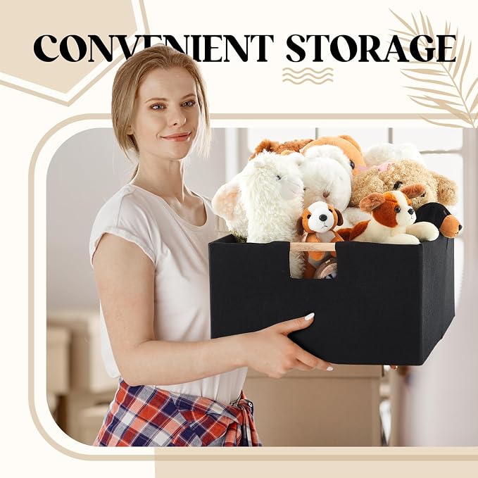 Cinnvoice 3 Pack Fabric Storage Bins for Closet Shelves, 16.5 x 12.2 x 6.7 Inch Black Rectangle Wardrobe Organizer with Handle, Collapsible Shelves Storage Basket for Sorting Clothes and Toy