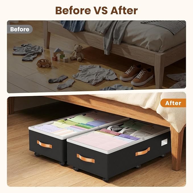 Budding Joy Under Bed Storage with Wheels 2Pack, 80L- Height Adjustable Underbed Containers with Clear Lids, Rolling Under Bed Shoe Storage Organizer for Dorm Home Clothes, Blankets, Toys, Black