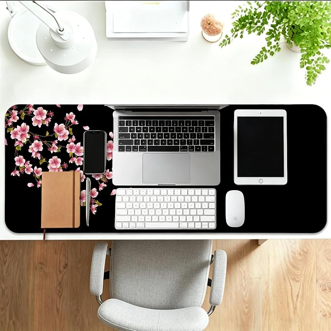 Japanese Cherry Blossom Gaming Desk Mat, Computer Keyboard Large Extended Flowers Mouse Pad for Office and Home, 31.5×11.8 Inches, XL, Black