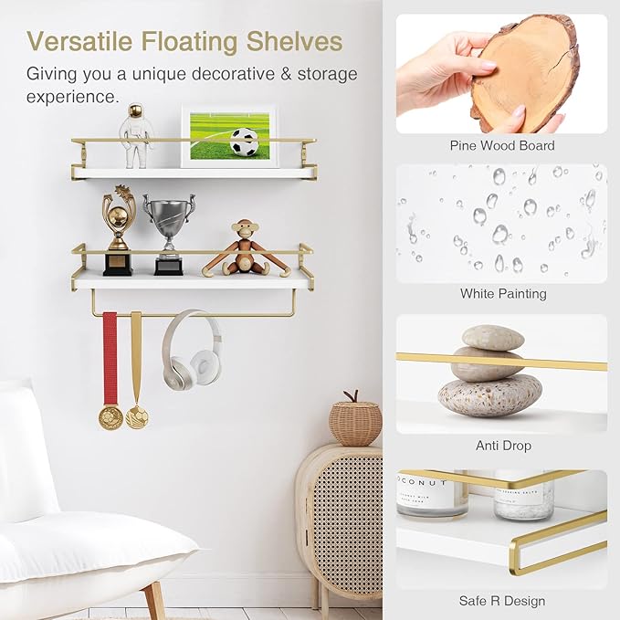 Forbena Floating Bathroom Shelves Wall Mounted, Aesthetic White and Gold Shelves for Bathroom Accessories, Modern Bathroom Organizer with Tower Bar for Wall Decor Storage Small Spaces, Set of 2