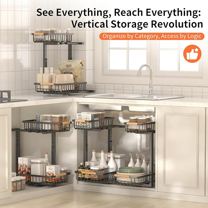 Under Sink Organizer, Under Sink Organizers and Storage, 2-Tier Pull Out Under Cabinet Organizer Storage Shelf, Metal Frame, Height Adjustable Rack for Bathroom Kitchen Pantry