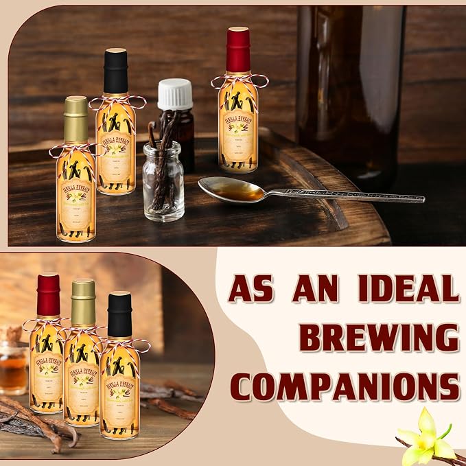 Tioncy 16 Pcs Empty Vanilla Extract Bottles for Homemade Vanilla Jar Glass Bottle with Cap, Shrink Band, Sticker DIY Crafts Wedding Gift Food Storage Canister for Bean(Black, Red, Gold,3 oz)
