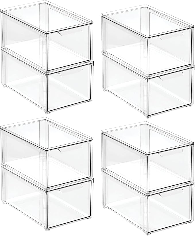 mDesign Plastic Stackable Bathroom Storage Organizer Bin with Pull Out Drawer for Cabinet, Vanity, Shelf, Cupboard, Cabinet, or Closet Organization - Lumiere Collection - 8 Pack - Clear