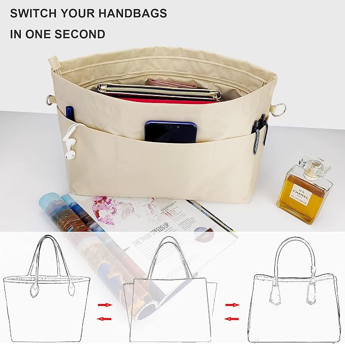 Handbag Tote Purse Organizer Insert, Small, Beige | Bag Divider Liner Shaper Separator in Bag with Zipper, 11 Pockets Compartments
