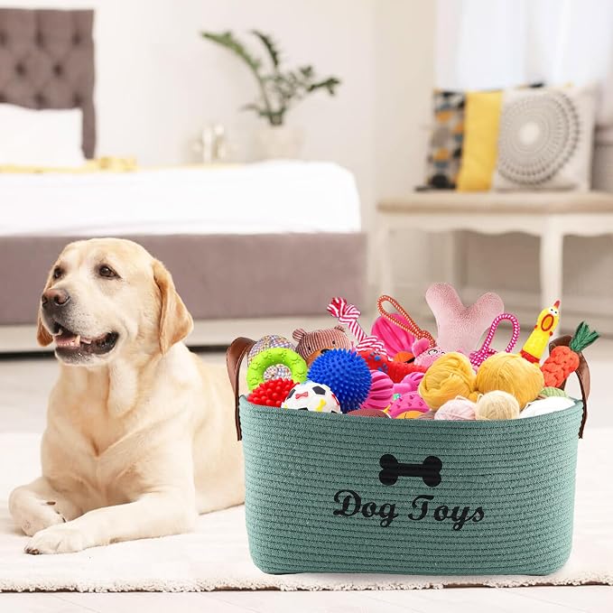 Geyecete X-Large Cotton Rope Dog Basket with Leather handle Blanket Storage Basket Decorative Clothes Hamper Basket | Extra Large Baskets for Blankets or Laundry-Geen