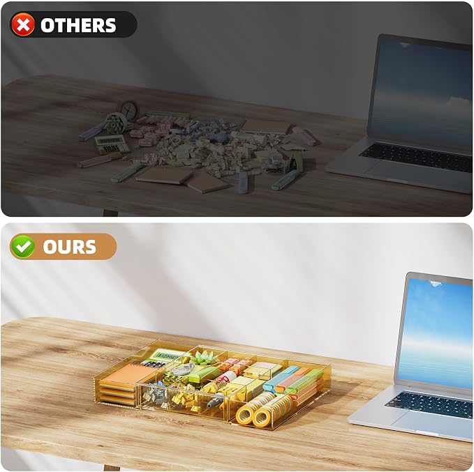 Marbrasse Expandable Desk Drawer Organizer, Clear Plastic Drawer Organizer Tray with 10 Adjustable Compartments, Desk Organizers and Accessories, 5 Drawer Dividers for Office Supplies(Clear Champagne)