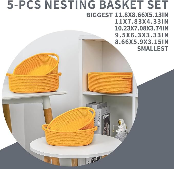 CubesLand Small Storage Basket Cotton Rope Organizer Baskets for Shelves | Set of 5 Decorative Closet Storage Bins with Handle for Countertop, Toilet Paper Basket for Toilet Tank Top, Yellow Basket