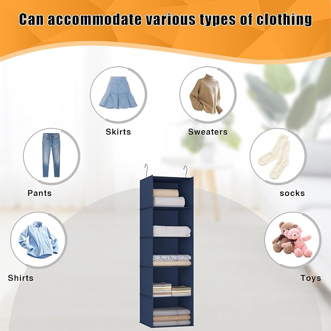 Hanging Closet Organizer 5-Shelf, Oxford Fabric Wardrobe Storage, Navy Blue | Easy-mount foldable design holds clothes, handbags, shoes & accessories; washable Oxford fabric, sturdy and space-saving.