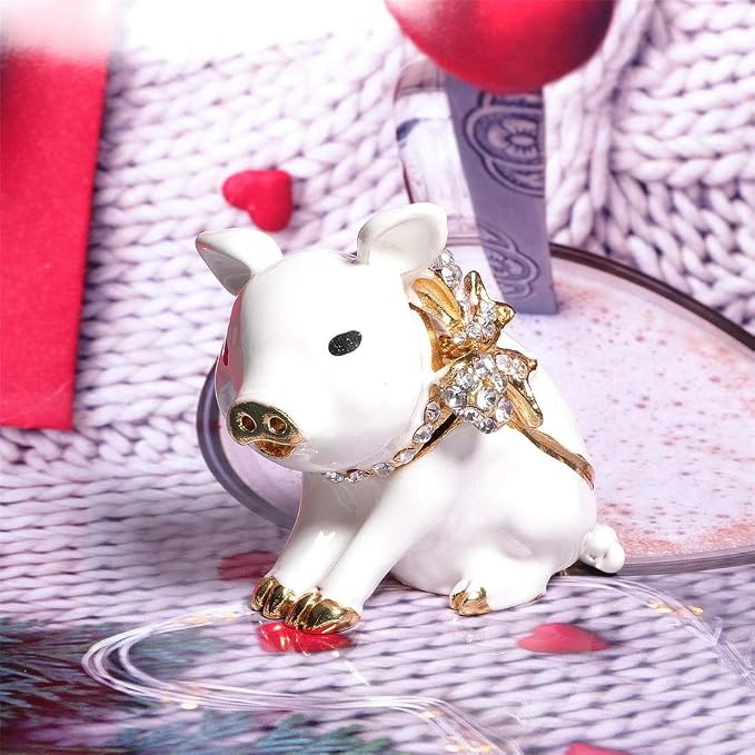 Waltz&F White Pig with Bowknot Handcrafted Pewter Trinket Box Ring Holder Decorative Figurine Collectible