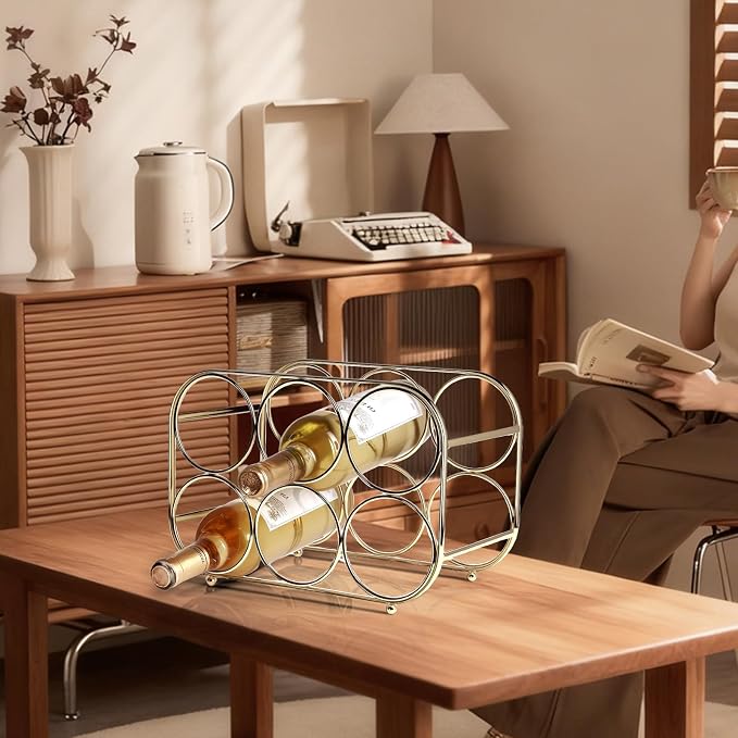 Countertop Wine Rack - 6 Bottle Freestanding Modern Gold Metal Small Wine Rack - Tabletop Wine Holder Stand for Cabinet, Pantry, Wine Bottle Storage