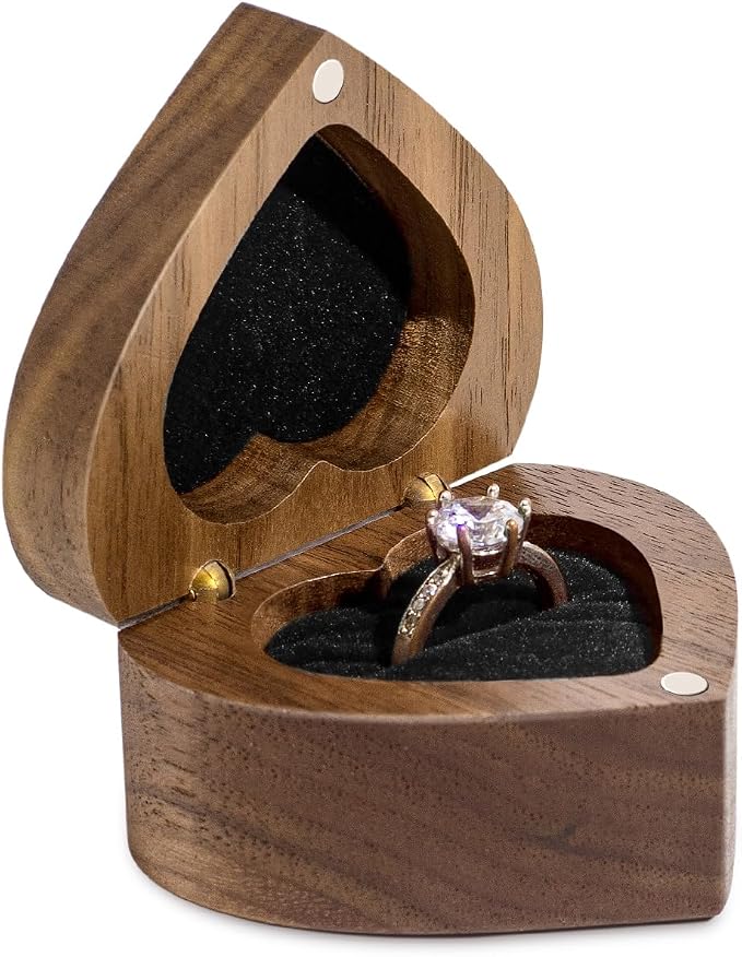 Engagement Proposal Ring Box Secret Slim Engraved Wooden Heart Case | Engrave"A Promise is Forever", Walnut Wood Ring Bearer Box Jewelry Storage Holder Display for Wedding Ceremony Commemoration