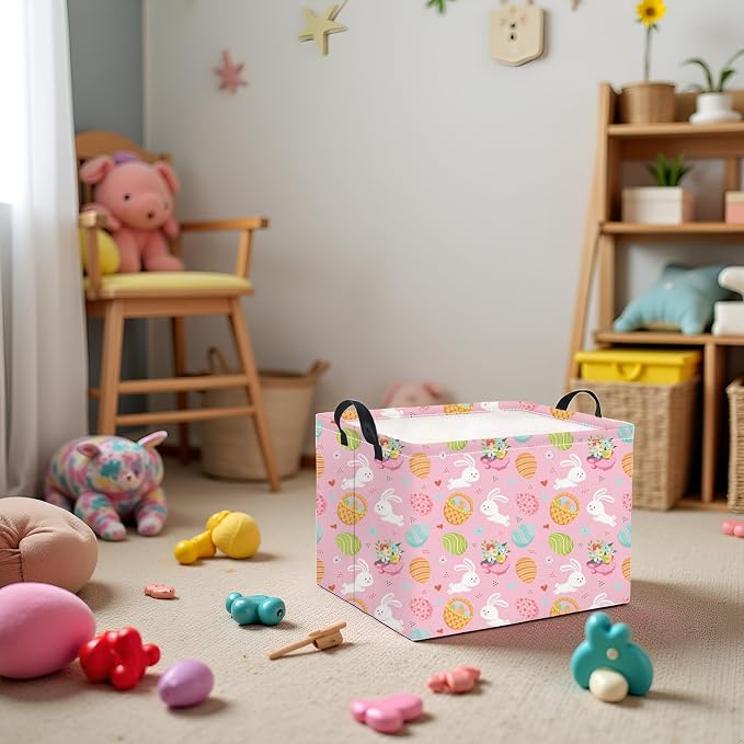 Rectangular Easter Basket for Home Kitchen Baby Girls Basket Cute Storage Bin Organizer Shelf Book Room Decor(Pink Bunny Egg)